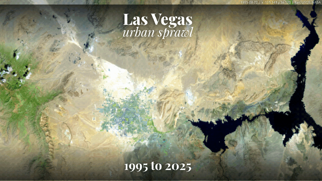 a time-lapse series of 4 satellite images from 1995, 2005, 2015, and 2025 to show the growth of Las Vegas and the depletion of Lake Mead